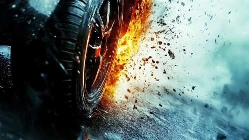 Flaming street racer tire shredding sparks through storm.