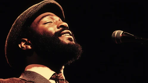 Soulful male singer in warm spotlight at microphone.