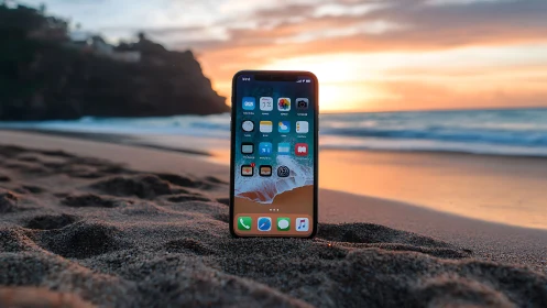 Smartphone resting on sandy beach during sunset with ocean backdrop.