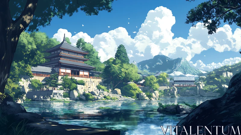 Serene riverside temple nestles beneath bright summer skies