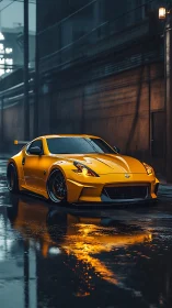 Yellow sports coupe glows against a rainy neon city alley