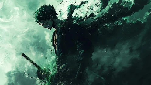 Green haired swordsman emerges from swirling dark energy
