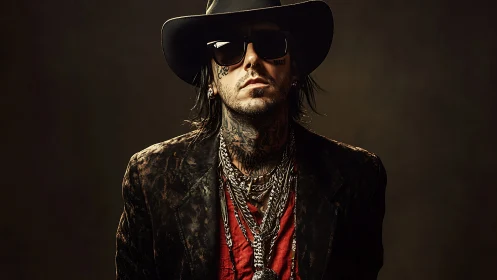 Tattooed rock figure in dark hat under cinematic light.