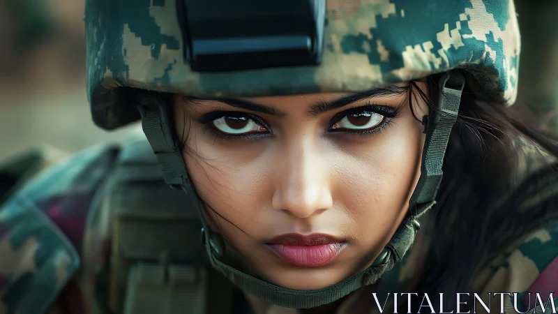 Intense Female Soldier Portrait in Modern Camouflage, Realistic Style.