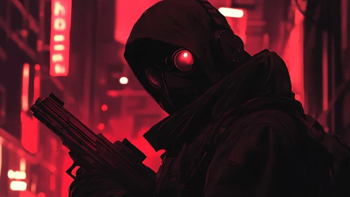 Shadowed cyber sentry with red gaze in neon city night.