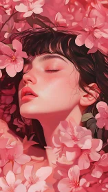 Floral-immersed portrait of serene woman in rose hues.