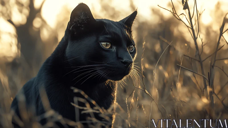 Black Feline Portrait: Golden Hour Woodland Setting with Luminous Amber Eyes