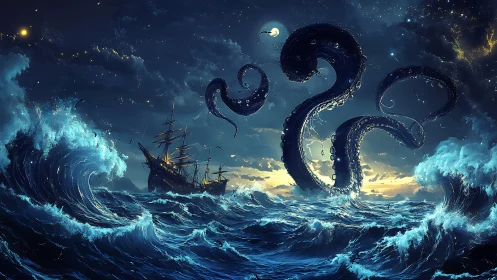 Nocturnal tall ship versus leviathan-scale oceanic tentacles.