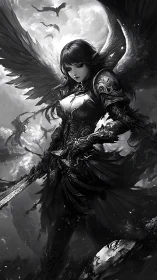 Monochrome winged warrior rendered with ornate gothic armor details