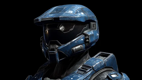 Battleworn cobalt space trooper watching the void.