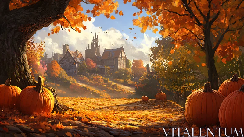 Cozy autumn village path lined with glowing orange pumpkins.