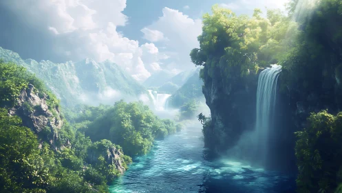 Sunlit waterfalls tumble into a calm emerald valley river