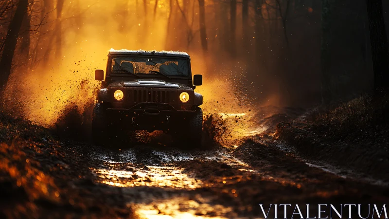 Mud-slinging sunset rover charging through the forest blaze.
