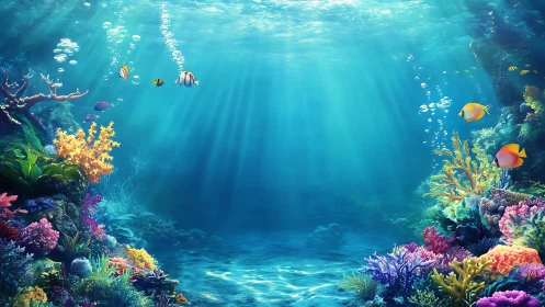Sunlit coral kingdom with tropical fish in tranquil depths.