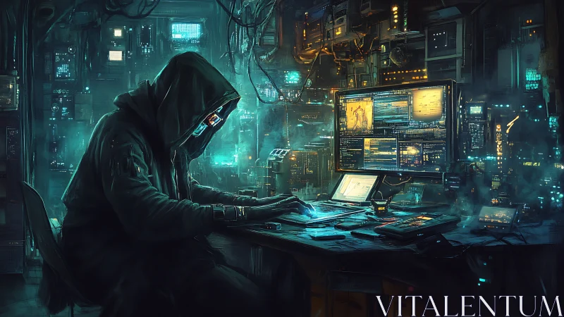 Hooded cybernetic hacker operates in neon-lit control nexus