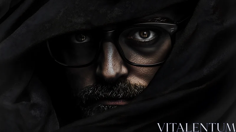 Close-up male face with glasses framed by dark fabric.