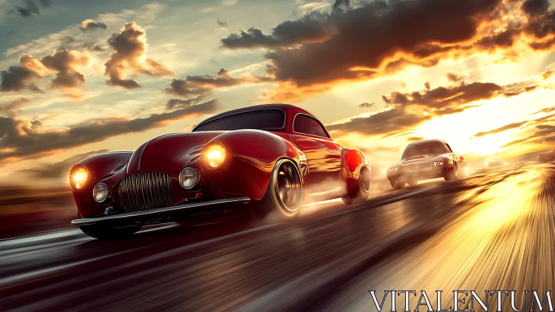 Sunlit red vintage racer gliding into a golden horizon.
