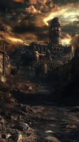 Storm-lit ruined tower rises over a lonely broken wasteland