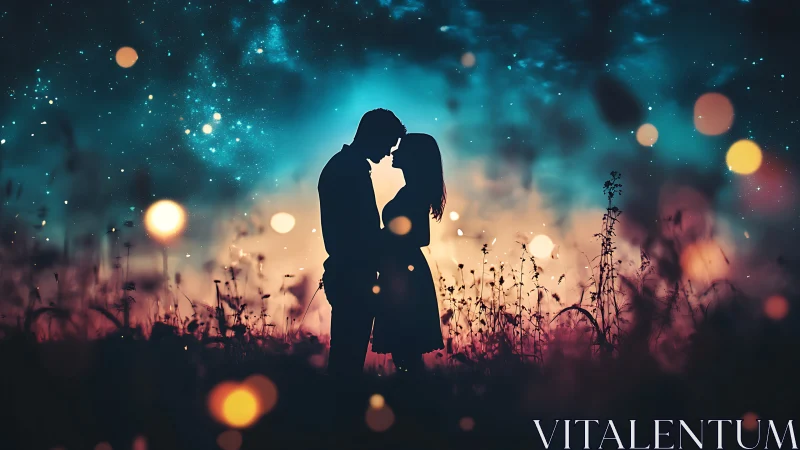 Silhouetted couple kissing in field at night with bokeh lights.