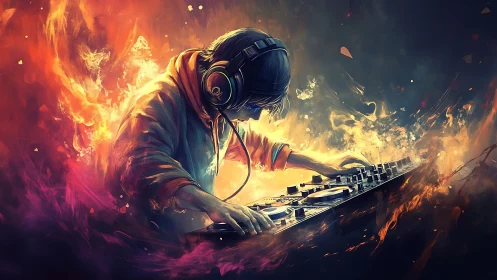 Lone DJ bends fire and color into a pulsing night mix