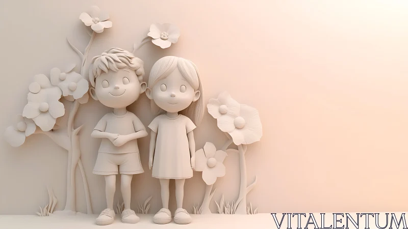 Ceramic Children and Flowers in Monochromatic Relief Sculpture
