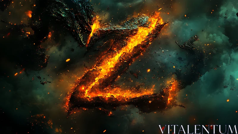 Fiery molten Z shape emerges in stormy teal smoke.