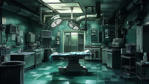 Dimly lit surgical operating room with idle equipment.