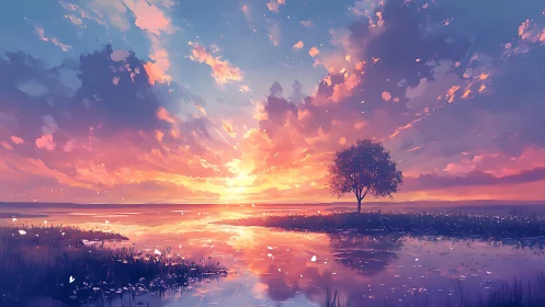 Sunset sky illuminates lone tree beside reflective water
