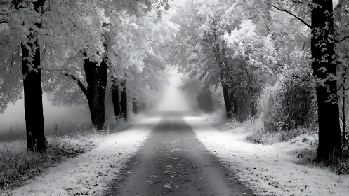 Monochrome winter road flanked by snow covered trees.