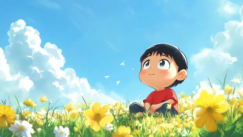 Child sits in sunlit meadow under bright blue sky