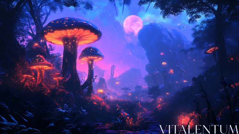 Midnight mushroom forest glowing under a dreamy moon.