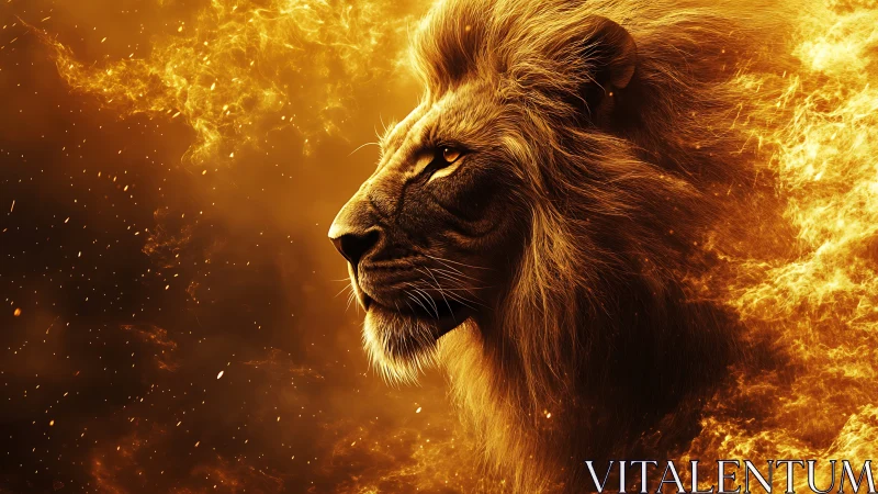 Fiery lion gazes forward with calm strength and glowing pride