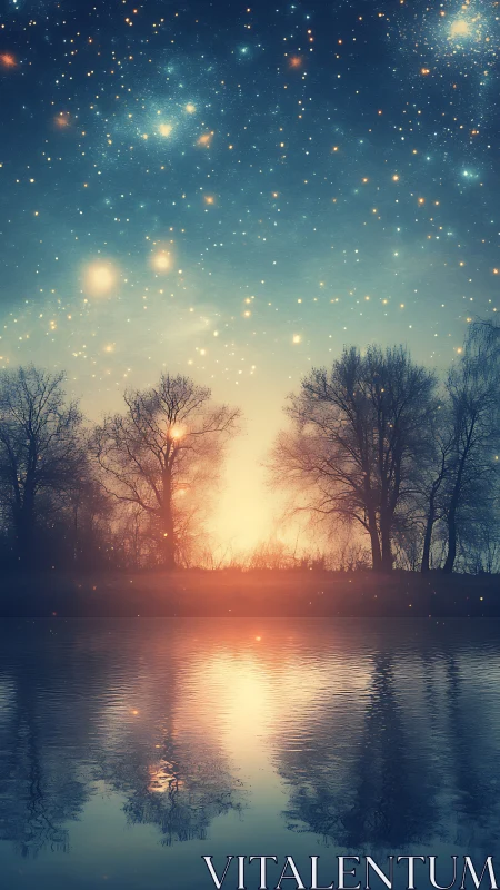 Dreamy starlit lake at dusk with softly glowing horizon.