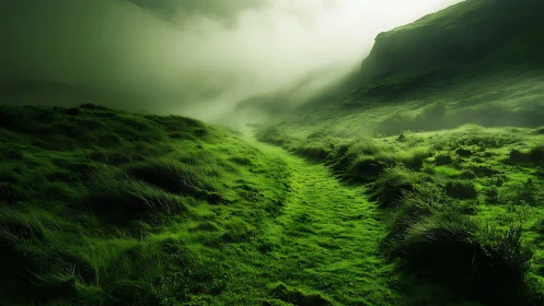 Soft misty path winding through glowing green hills.