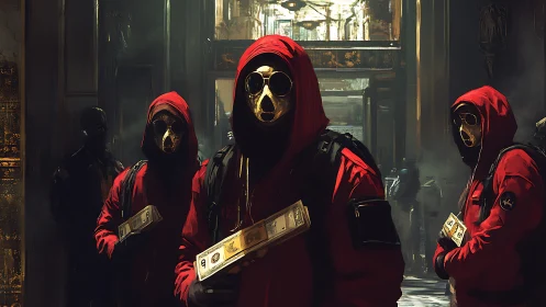 Masked heist crew in red hoodies inside dim bank hall.