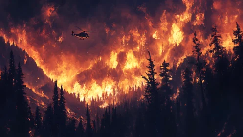 Massive wildfire engulfing boreal forest terrain with helicopter aerial rescue operations