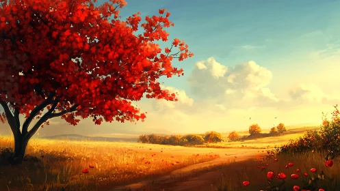 Red autumn tree overlooks glowing golden countryside path