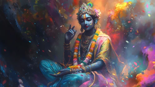 Blue-skinned deity figure in floral garlands, vivid aura.