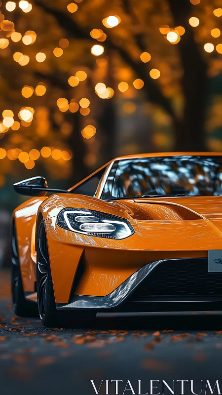 Orange supercar glows under golden autumn bokeh lights.