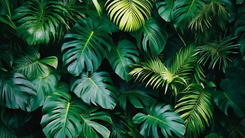 Dense tropical foliage fills frame with layered green leaves