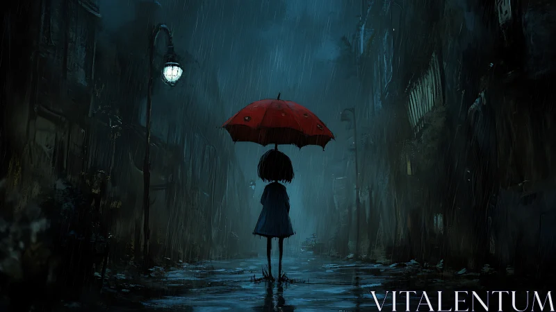 Digital painting alley scene with red umbrella focal point.