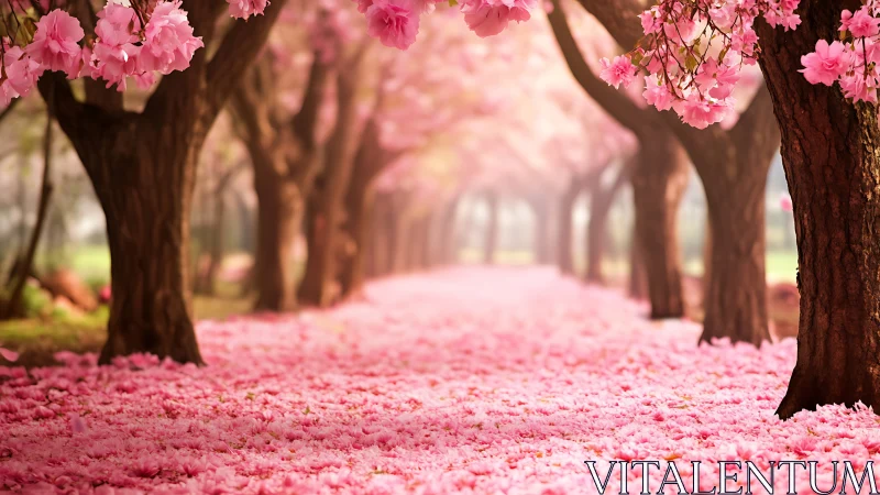 Cherry blossom tunnel lines park path with dense pink carpet