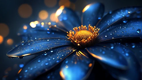 Blue Flower with Golden Center and Water Droplets