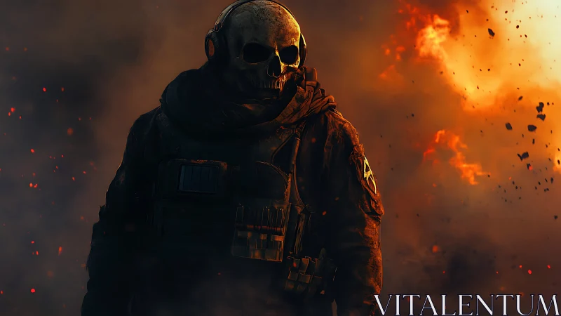 Armored skull-masked soldier strides through burning chaos