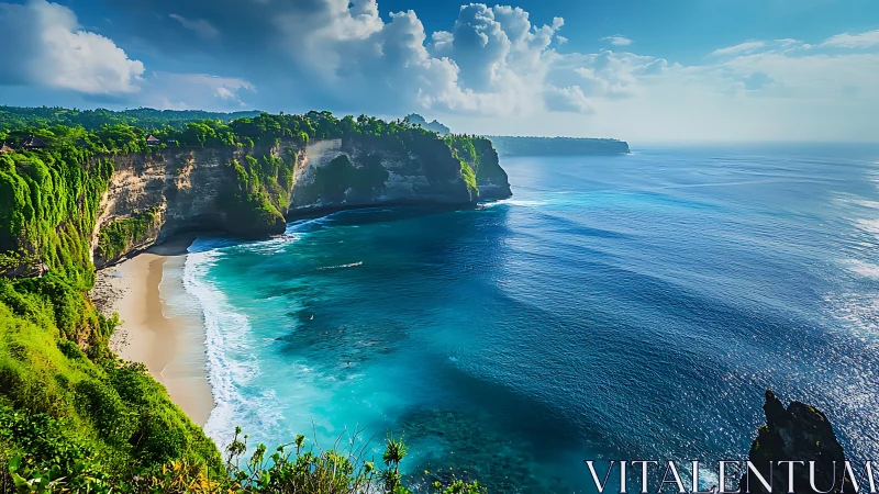 Dramatic Tropical Cliffs Meet Azure Ocean Waters.