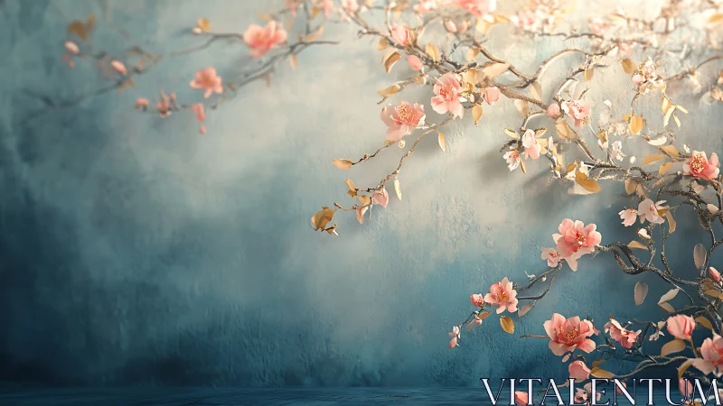 Soft Peach Blossoms Dance Across Serene Blue Walls