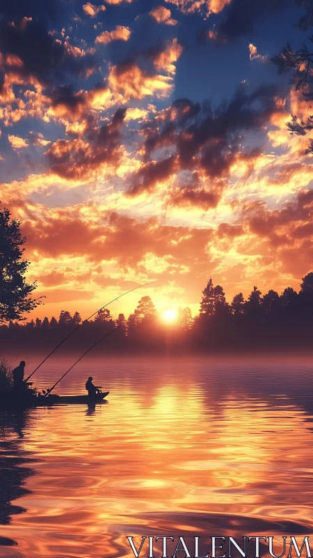 Angler silhouettes on calm lake under vivid sunset sky.