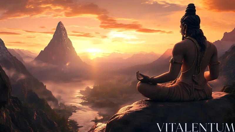 Meditating sage overlooks glowing mountain valley at sunrise