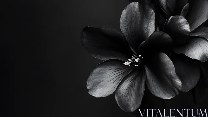 Monochrome flower bloom with layered petals against dark background.