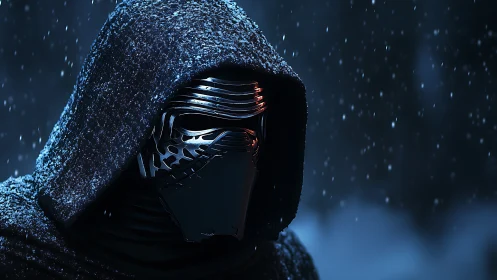 Hooded masked figure in snowy blue night portrait scene.